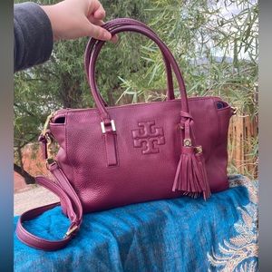 Tory Burch Thea Single Zip Leather Satchel Bag Cabernet Burgundy Great Condition